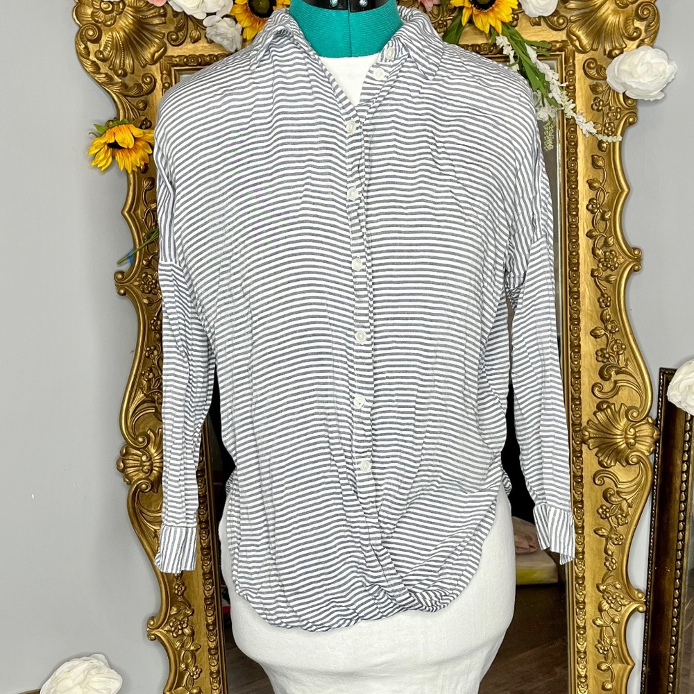 Velvet Heart Rayon Striped Button Down Blouse with Knot